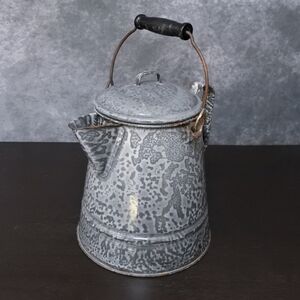 Antique Rustic Large Grey Enamelware Wooden Handle Coffee Pot Campfire Kettle